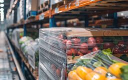 Pallet of wrapped food products in warehouse